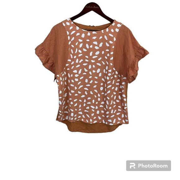 Umgee Linen Blend Top S Orange Flutter Sleeve Eyelet Mixed Media Animal Print R3 - Picture 1 of 12